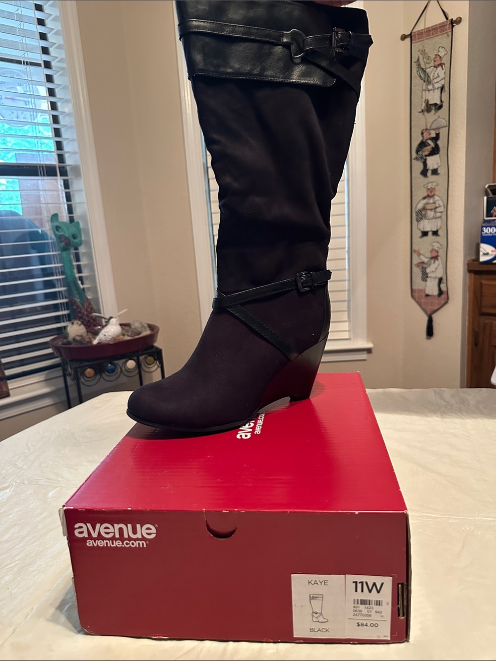 Avenue Black Knee-High Wedge Boots with Buckle Trim
